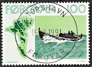 FRIMÆRKER FÆRØERNE | 1977 | AFA 18 | Færøske fiskefartøjer - 100 øre grøn/gul/sort - Lux Stemplet